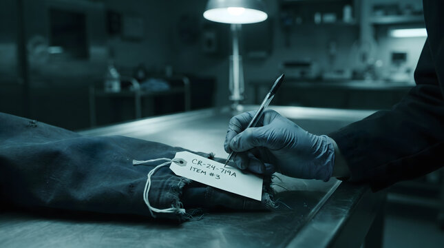 Forensic investigator examines body tag in morgue.