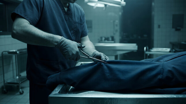 Forensic expert performing autopsy on a body.
