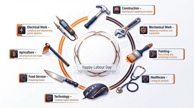 Labour Day infographic illustration. Circular layout showing professional tools for various industries like construction technology and healthcare