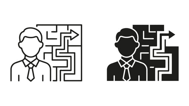 Business person solving complex maze problem icon with solution, business