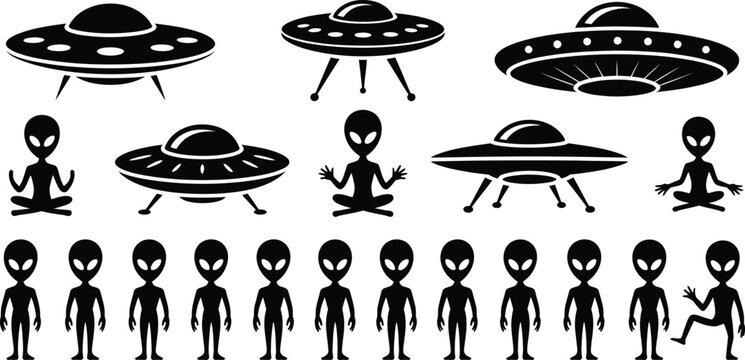 Set of black silhouettes of flying saucers and alien creatures in various poses on a white background, including uf os and extraterrestrial beings for