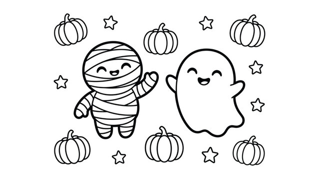 Cute halloween mummy and ghost characters with pumpkins coloring page