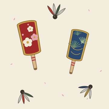 Hanetsuki New Year game set, hagoita paddles and hane shuttlecocks vector collection