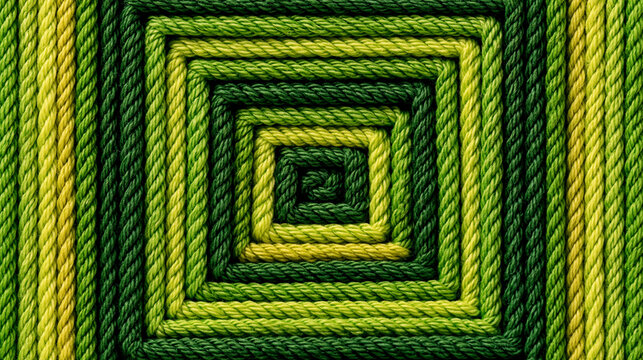 Abstract geometric square pattern made from green and yellow textured ropes with green rope