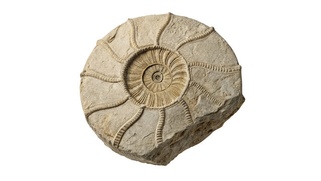 Ancient prehistoric ammonite shell fossil isolated on transparent background