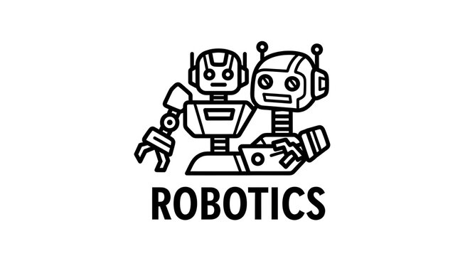 Black and white line art illustration featuring two stylized robots with the text robotics with figures positioned together