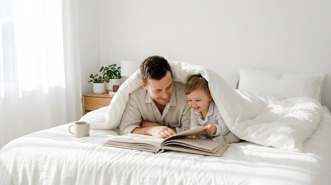 Sister or Brother reading book in Comfort bed with father, made by Ai	