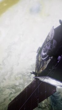 Juno spacecraft captures stunning views of Jupiters atmosphere, showcasing vibrant cloud patterns and dynamic weather systems over the gas giants surface during its orbital mission.