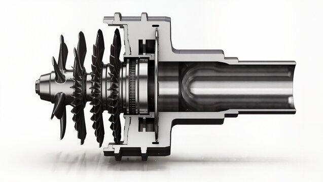 Multi-stage axial turbine rotor with bearing housing mechanical cutaway, white background