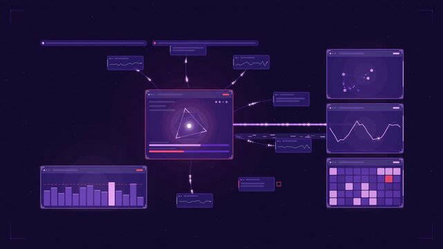Abstract animated api gateway routes converging drawn as violet and blue lines and shapes on a deep dark background. Seamless looping 4K motion graphics video with free space for text, ideal for techn