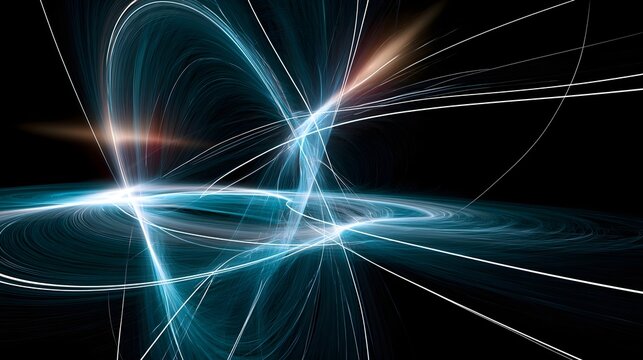 Abstract blue and white light trails swirl dynamically against a dark background  forming energetic  flowing patterns