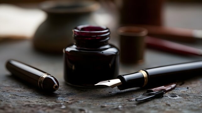 A close up of a fountain pen and ink bottle on a rustic wooden surface with soft lighting and shallow depth of field