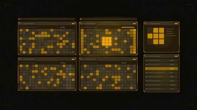 Abstract animated pattern recognition grid matching drawn as amber and orange lines and shapes on a deep dark background. Seamless looping 4K motion graphics video with free space for text, ideal for 