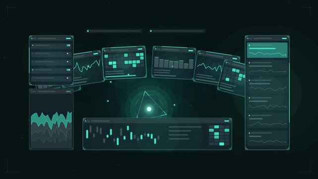 Abstract animated report generation panels fanning drawn as cyan and teal lines and shapes on a deep dark background. Seamless looping 4K motion graphics video with free space for text, ideal for dash