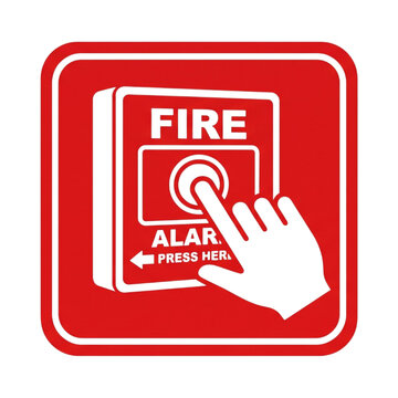 Red fire alarm press here sign icon on transparent background.