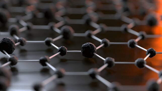 Close up view of a hexagonal lattice structure composed of dark spherical nodes connected by metallic rods  with warm light gradient in background