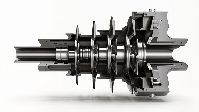 Multi-stage axial turbine with coil spring clutch pack rotor shaft cutaway, white background