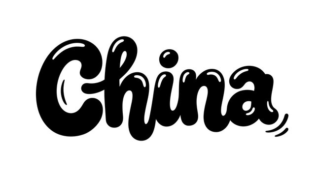 Stylized hand lettered word China in thick black bubble font over solid white background