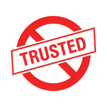 Red trusted stamp with prohibition circle and horizontal bar symbolizing lack of trust or denial.