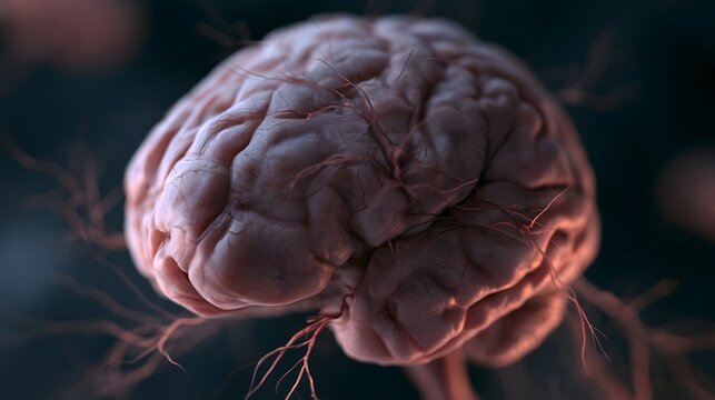 A detailed anatomical view of a human brain with visible vascular structures and textured cortical folds under soft lighting