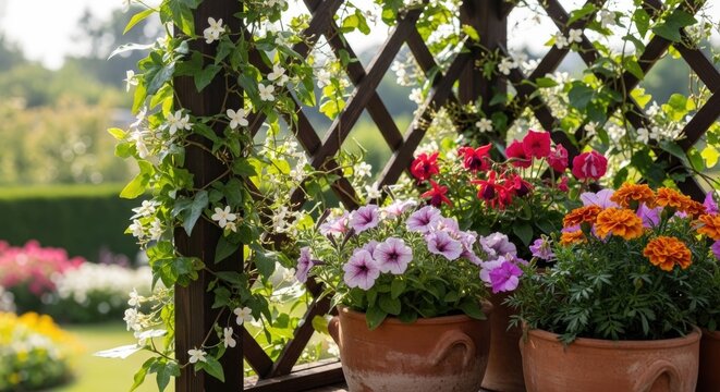 Colorful flowering plants in terracotta pots decorate a rustic wooden trellis, creating a charming garden setting with lush greenery and blooming flowers