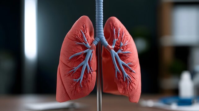 Anatomical model of human lungs with branching bronchi displayed on a stand against a softly blurred background