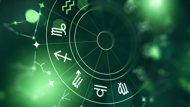 Astrology zodiac signs display with circular chart and bright green background