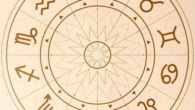 Zodiac signs and astrology symbols arranged in a circular pattern with simple lines and shapes