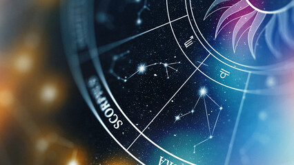 Astrology zodiac signs chart showing constellations and symbols on a starry background © fotofabrika