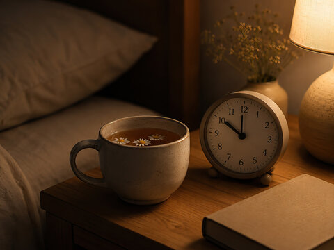A serene nighttime bedroom scene features a wooden nightstand holding a warm cup of tea with daisy petals.