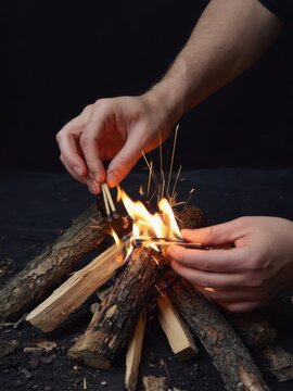 Hands lighting small campfire with wooden sticks
