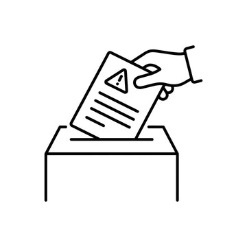 Near miss report icon with a hand posting a warning marked incident form into a collection box for workplace risk reporting
