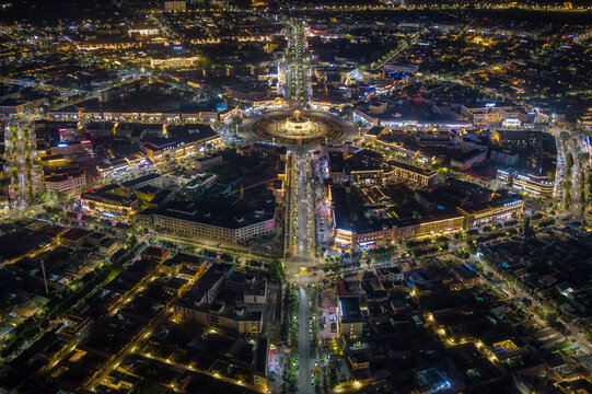 High-Angle Aerial Panoramic View of Tekes Bagua City Nightscape, Ili Unique Bagua I-Ching Geometric Structure, City Lights, Radial Street Network and Concentric Ring Roads in Xinjiang