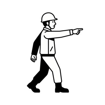 Site patrol icon with a helmeted worker walking and pointing to a hazard for daily safety inspection rounds