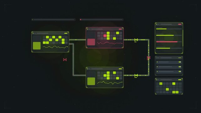 Abstract animated scada system valves regulating drawn as green and teal lines and shapes on a deep dark background. Seamless looping 4K motion graphics video with free space for text, ideal for indus