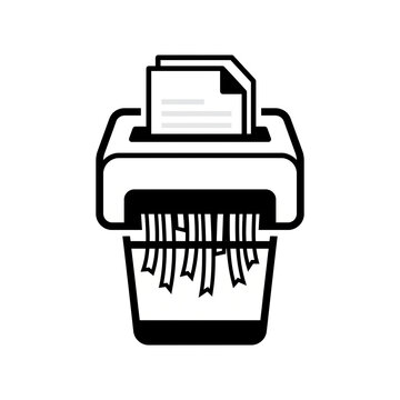 Paper shredder icon with a confidential document being fed in and shredded strips falling into the bin below