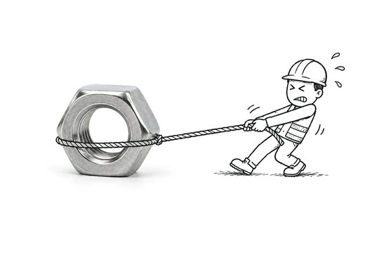A monochrome line art depiction of a determined cartoon worker wearing a hard hat and safety vest. The background is plain white, which puts the focus entirely on the action taking place.