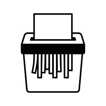 Office shredder icon in outline style with paper strips hanging into a waste basket for confidential waste handling