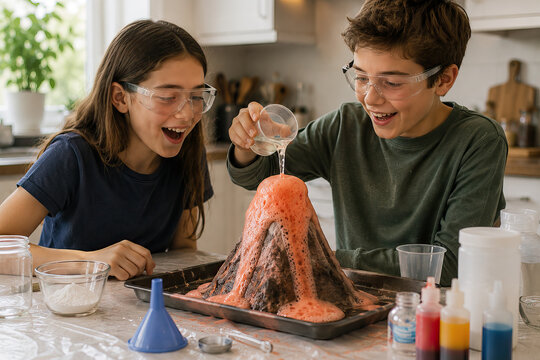 Two children intensely experiment with a vibrant orange volcano in a bright kitchen.