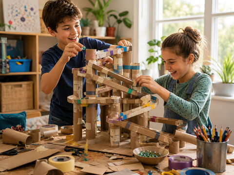 Two young children intensely focus on constructing a layered cardboard maze structure indoors. They are both focused on their task, with expressions that suggest concentration and enjoyment.