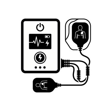 AED with heart rhythm display icon showing an electrocardiogram screen and a connected electrode pad for emergency care