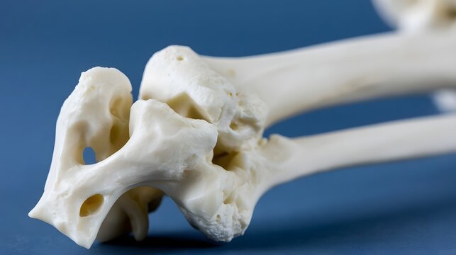 Close up of human hip bone joint anatomy with detailed bone structure against a solid blue background