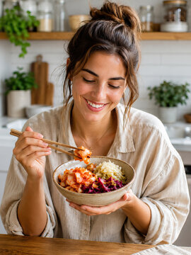 A young woman savors a vibrant bowl of food, her eyes closed in blissful enjoyment. High-resolution photograph capturing a moment of culinary enjoyment.
