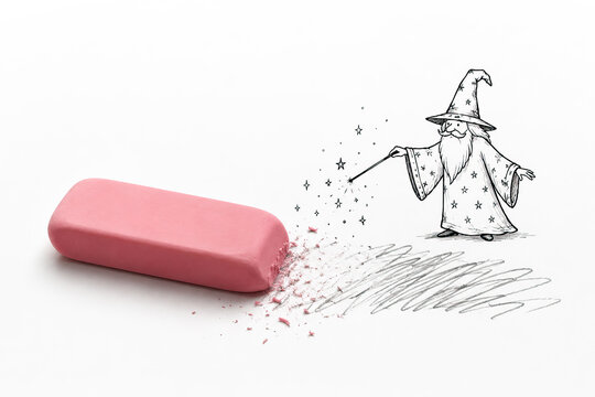 A vibrant pink rubber eraser that erases as if by the magic of a whimsical wizard. Digital that combines elements of fantasy and everyday objects to create an imaginative scene.
