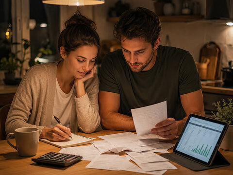Two individuals intently focus on a financial planning session within a warmly lit home kitchen. Both individuals appear focused and absorbed in their task.