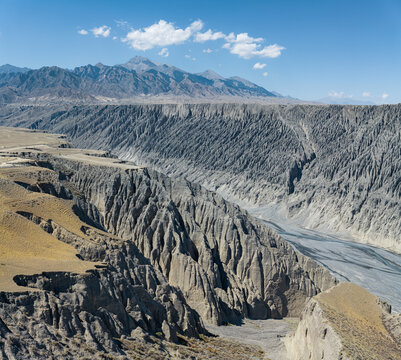 Aerial View of Dushanzi Grand Canyon and Kuitun River in Xinjiang: Winding River, Geological Formations, Mudstone Strata along Duku Highway