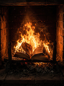 A realistic photograph of a rustic brick fireplace with a vibrant, roaring orange flame. The fire burns brightly, consuming the book.