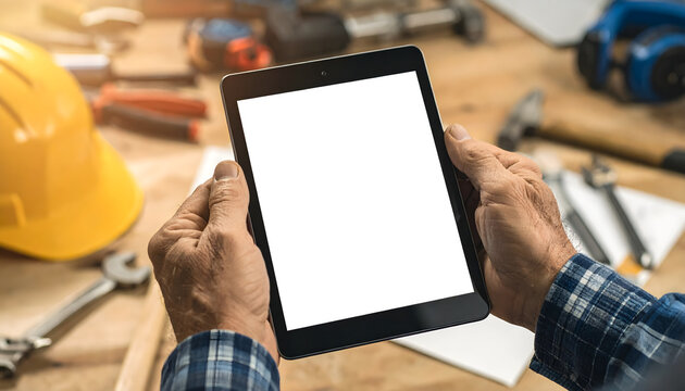 Rough work worn hands holding tablet showing simple invoice layout creating capable honest mood generative AI