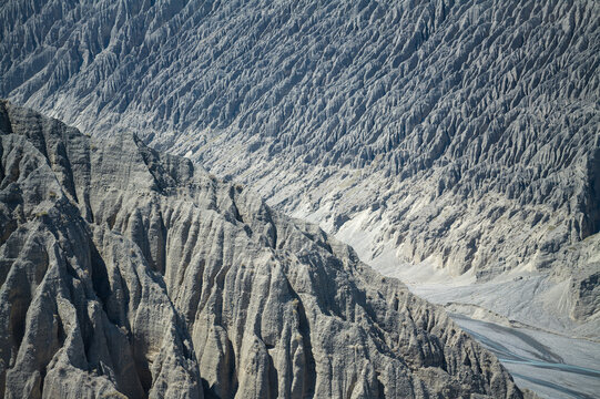 Aerial View of Dushanzi Grand Canyon and Kuitun River in Xinjiang: Winding River, Geological Formations, Mudstone Strata along Duku Highway