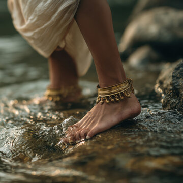Woman wearing traditional brass anklets standing in a shallow river stream